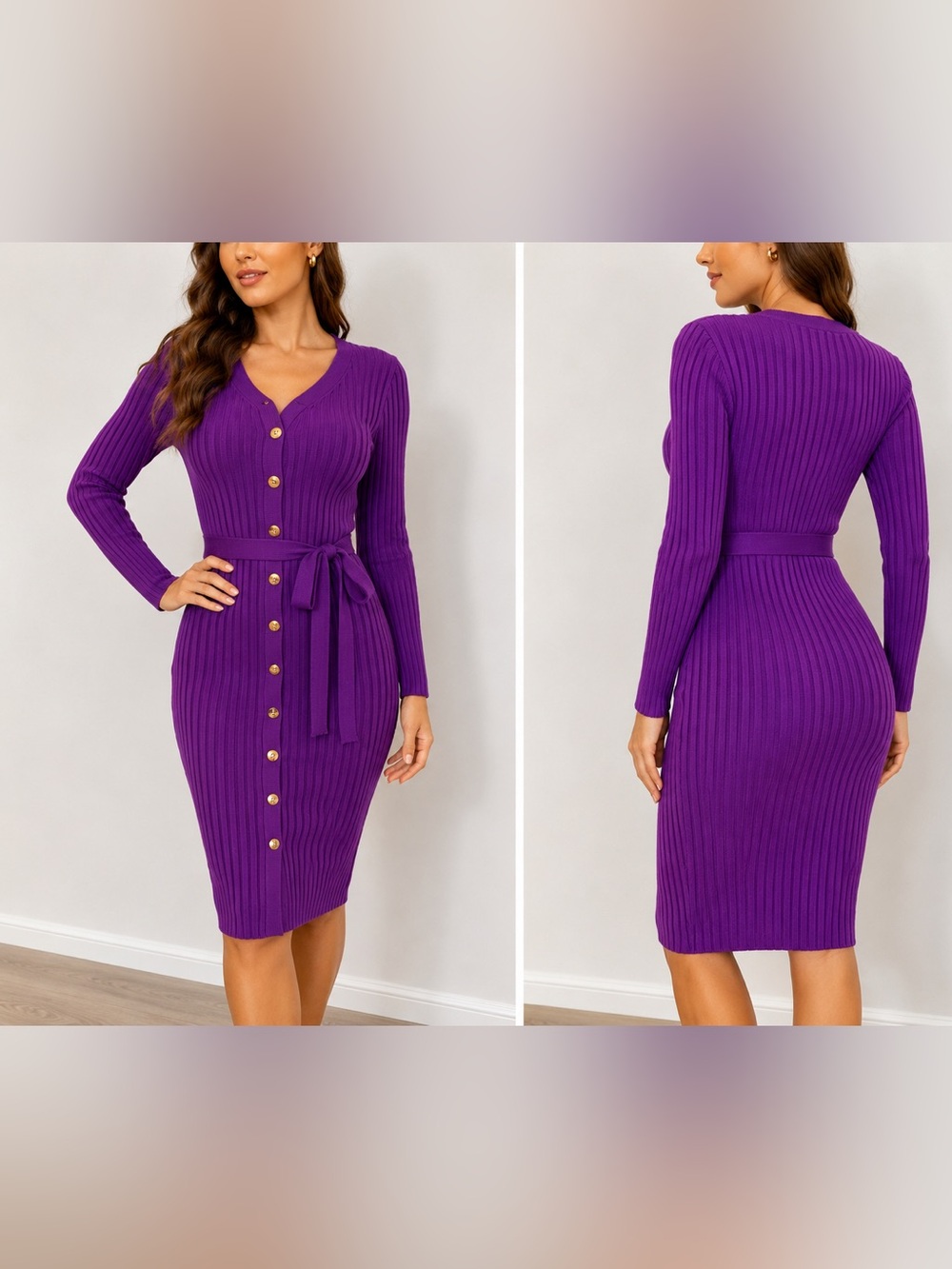 Lark + Grey Purple Ribbed Button-Front Belted Sweater Dress Size Small